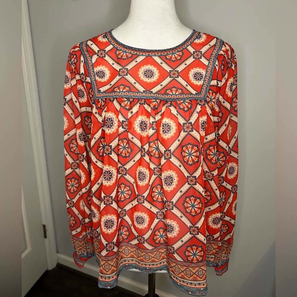 NWT Flying Tomato Boho Geometric Blouse with Keyhole Button Closure